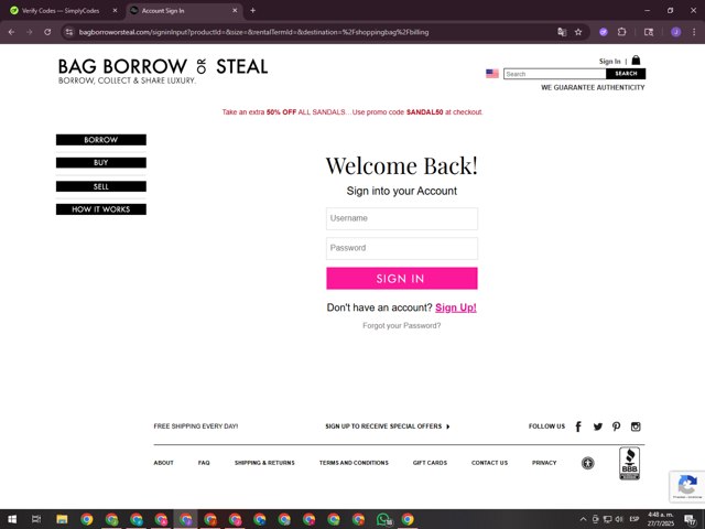 Bag Borrow or Steal checkout page showing Bag Borrow or Steal promo code box | Screenshot taken by SimplyCodes community member on Jul 27, 2025