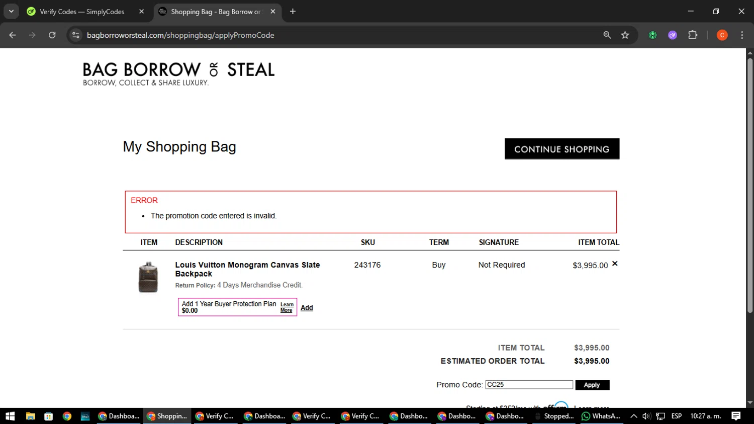 Bag Borrow or Steal promo code screenshot showing code CC25 applied at Bag Borrow or Steal checkout page. Uploaded by SimplyCodes community member NatanaelCano on Aug 25, 2025