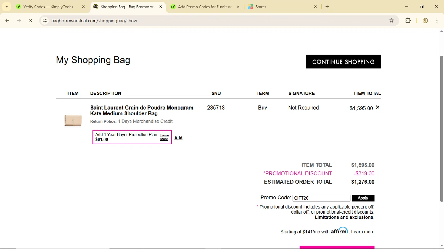 Bag Borrow or Steal promo code screenshot showing code GIFT20 applied at Bag Borrow or Steal checkout page. Uploaded by SimplyCodes community member Luisitoxd12 on Jun 22, 2025
