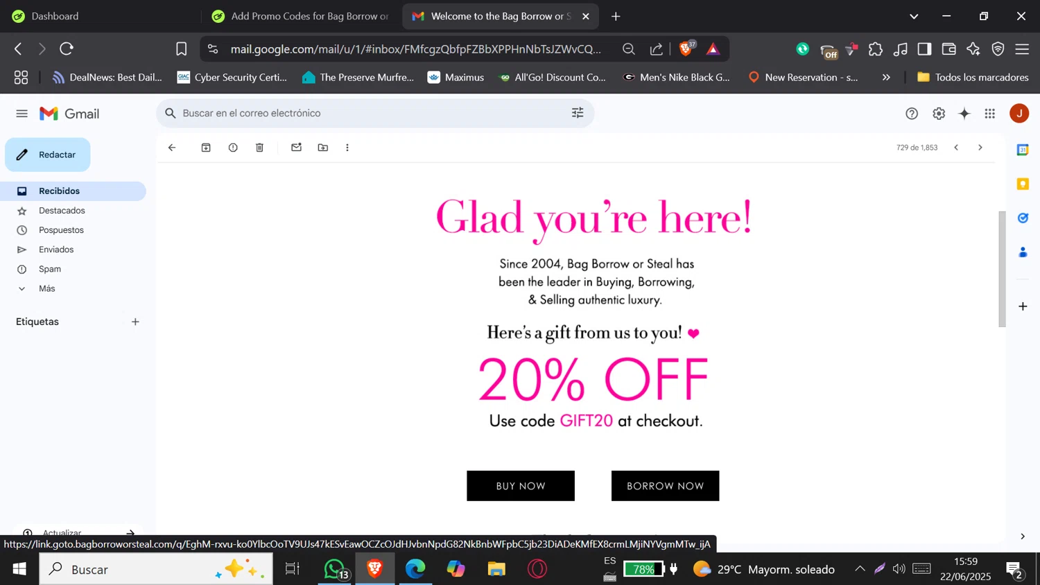 Bag Borrow or Steal promo code screenshot showing code GIFT20 applied at Bag Borrow or Steal checkout page. Uploaded by SimplyCodes community member tronsito66 on Jun 22, 2025