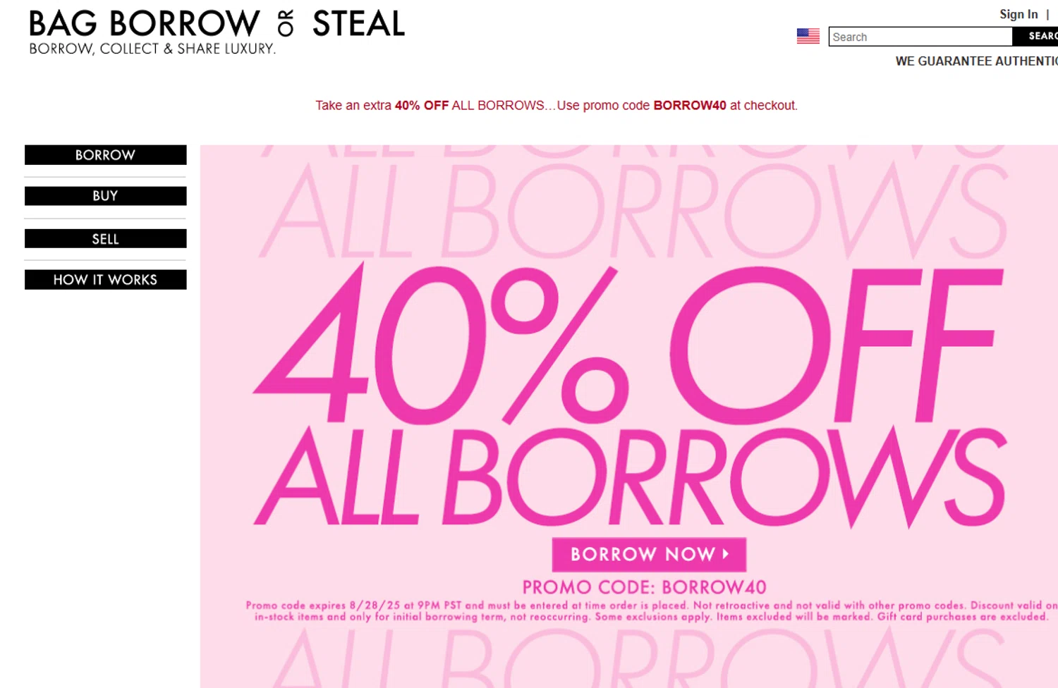 Bag Borrow or Steal promo code screenshot showing code BORROW40 applied at Bag Borrow or Steal checkout page. Uploaded by SimplyCodes community member valeriaantonieta on Aug 28, 2025