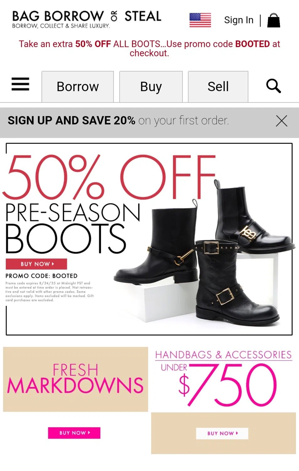 Bag Borrow or Steal promo code screenshot showing code BOOTED applied at Bag Borrow or Steal checkout page. Uploaded by SimplyCodes community member valeriaantonieta on Aug 24, 2025