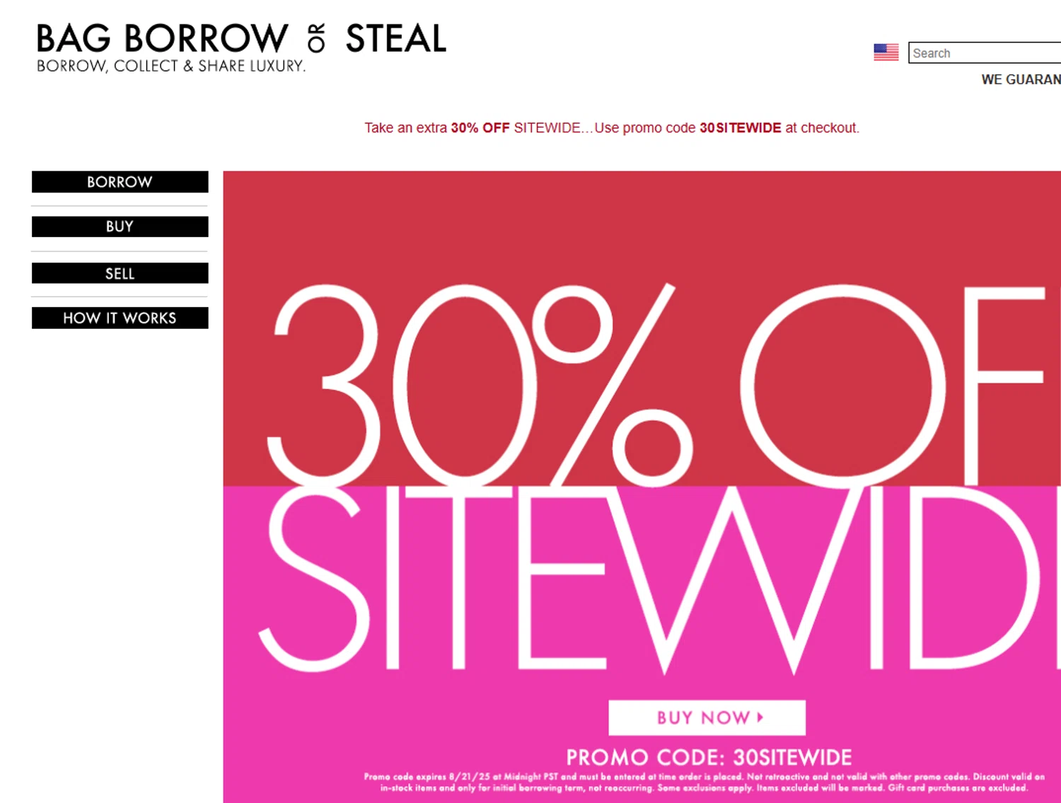 Bag Borrow or Steal promo code screenshot showing code 30SITEWIDE applied at Bag Borrow or Steal checkout page. Uploaded by SimplyCodes community member valeriaantonieta on Aug 21, 2025
