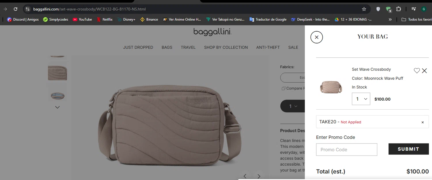 Baggallini promo code screenshot showing code TAKE20 applied at Baggallini checkout page. Uploaded by SimplyCodes community member Hisoka on Aug 13, 2025
