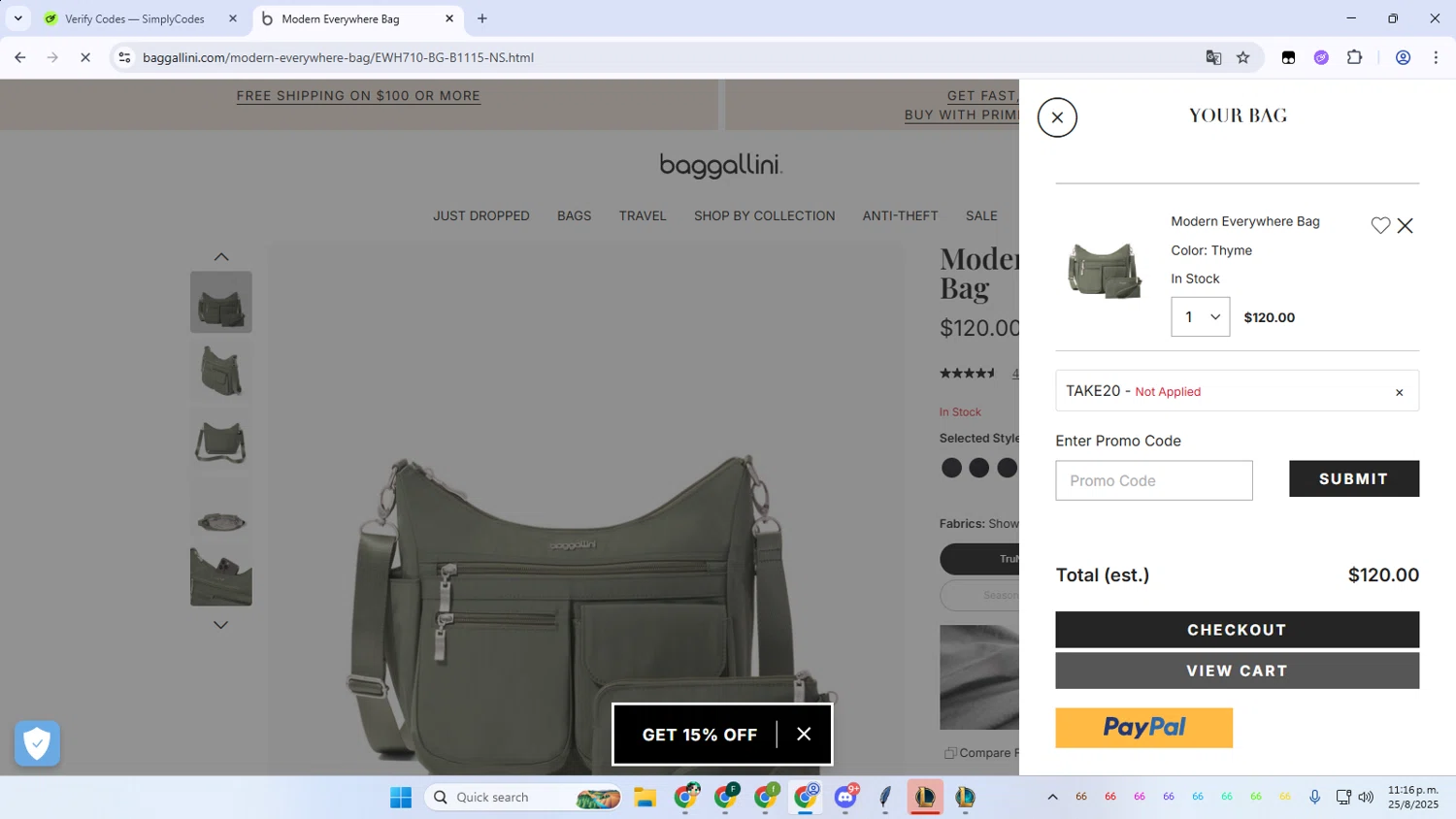 Baggallini promo code screenshot showing code TAKE20 applied at Baggallini checkout page. Uploaded by SimplyCodes community member VictoriousVoyager896 on Aug 26, 2025