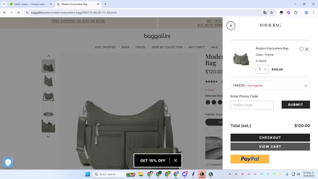Baggallini checkout page showing Baggallini promo code box | Screenshot taken by SimplyCodes community member on Aug 26, 2025