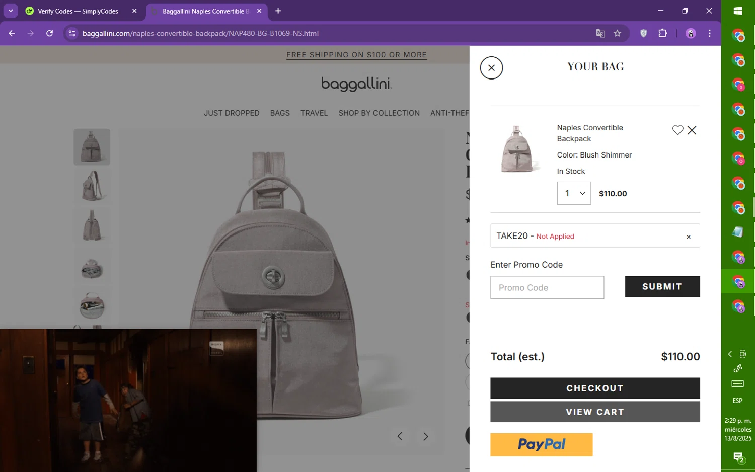 Baggallini promo code screenshot showing code TAKE20 applied at Baggallini checkout page. Uploaded by SimplyCodes community member mileSalima on Aug 13, 2025