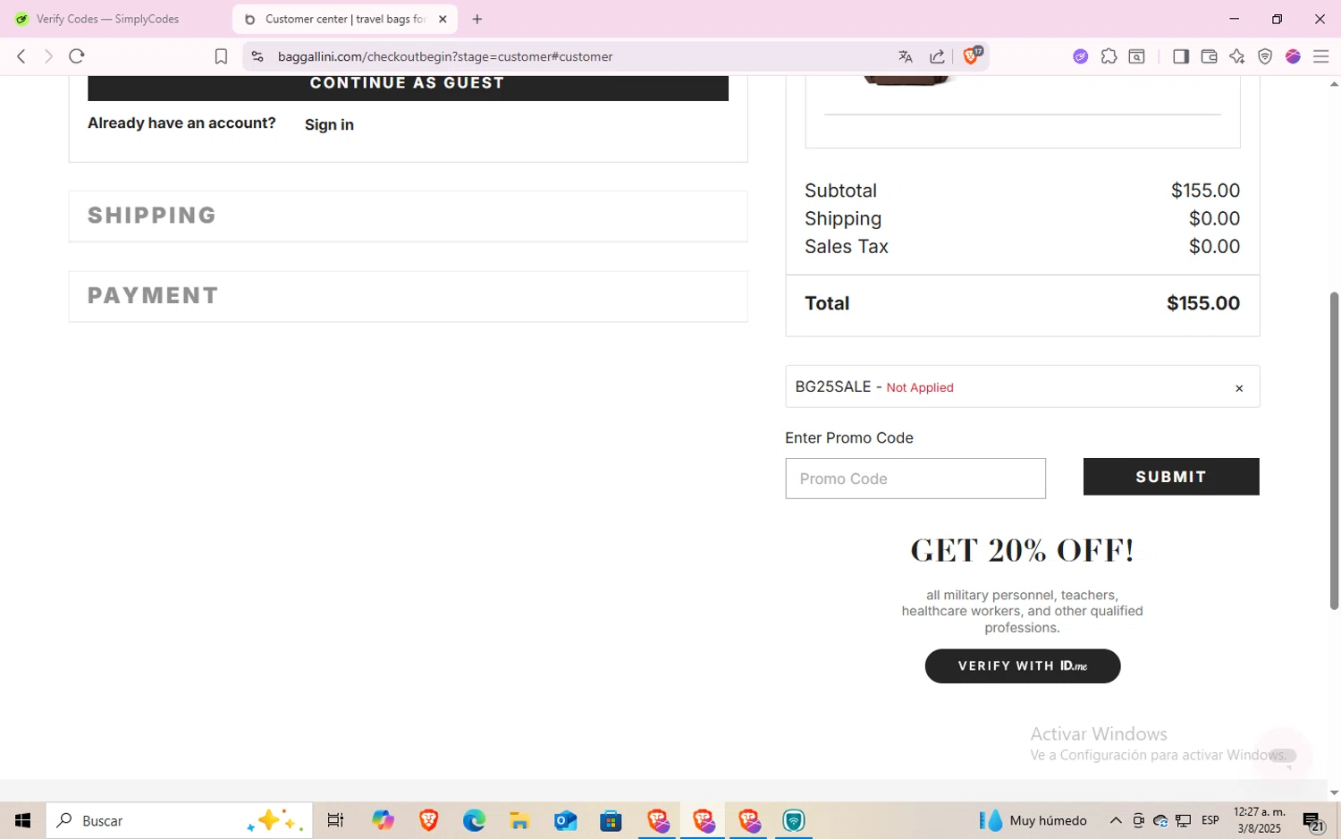 Baggallini promo code screenshot showing code BG25SALE applied at Baggallini checkout page. Uploaded by SimplyCodes community member GoldMonarch7280 on Aug 3, 2025