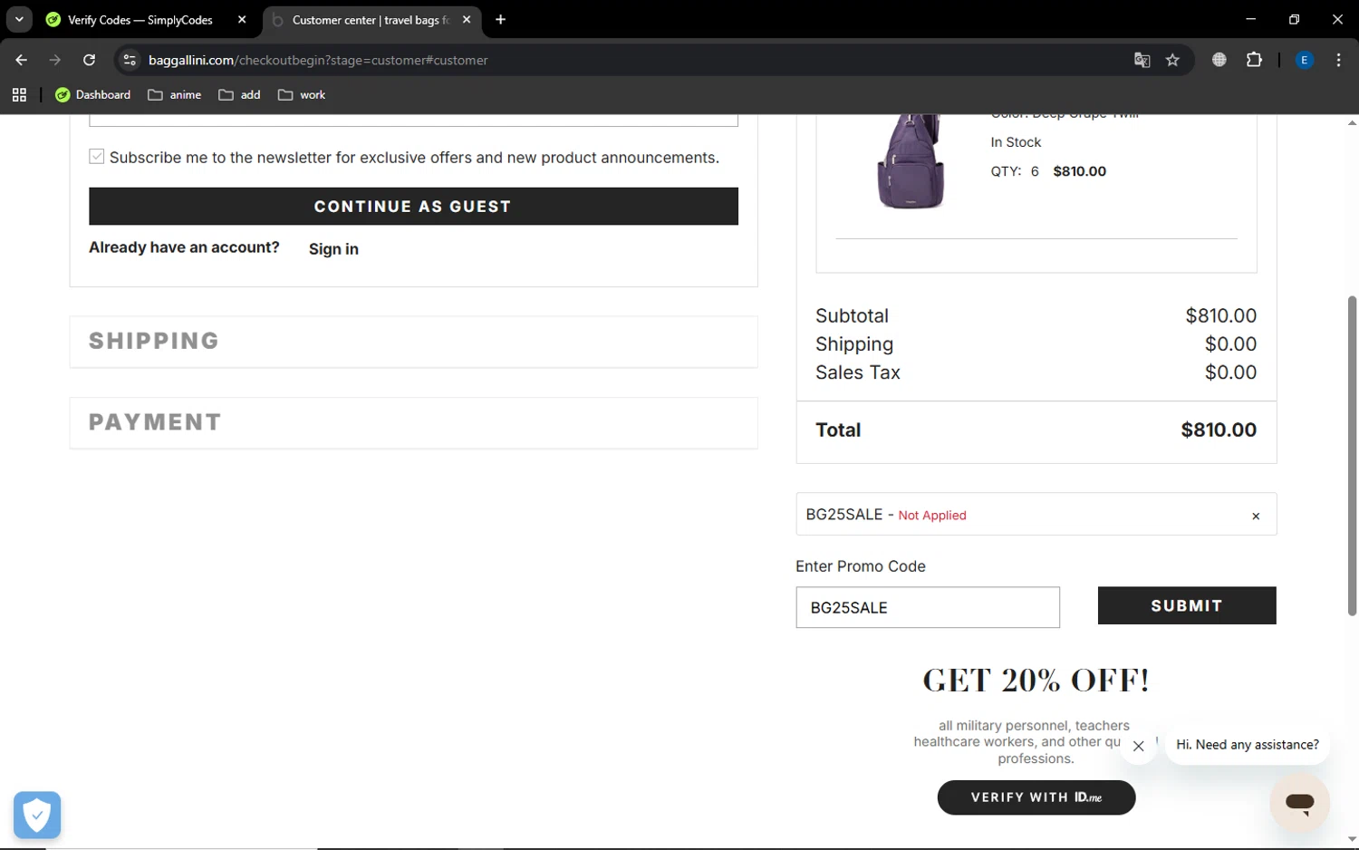 Baggallini promo code screenshot showing code BG25SALE applied at Baggallini checkout page. Uploaded by SimplyCodes community member GoldSaver5472 on Aug 26, 2025