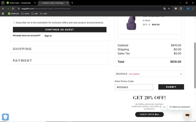 Baggallini checkout page showing Baggallini promo code box | Screenshot taken by SimplyCodes community member on Aug 26, 2025