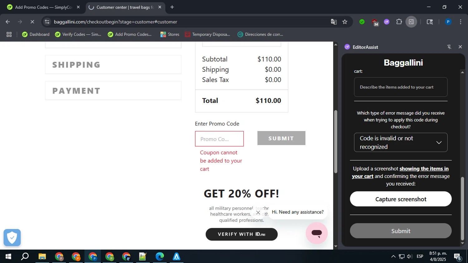 Baggallini promo code screenshot showing code FREESHIP applied at Baggallini checkout page. Uploaded by SimplyCodes community member GoldSaver3857 on Aug 5, 2025