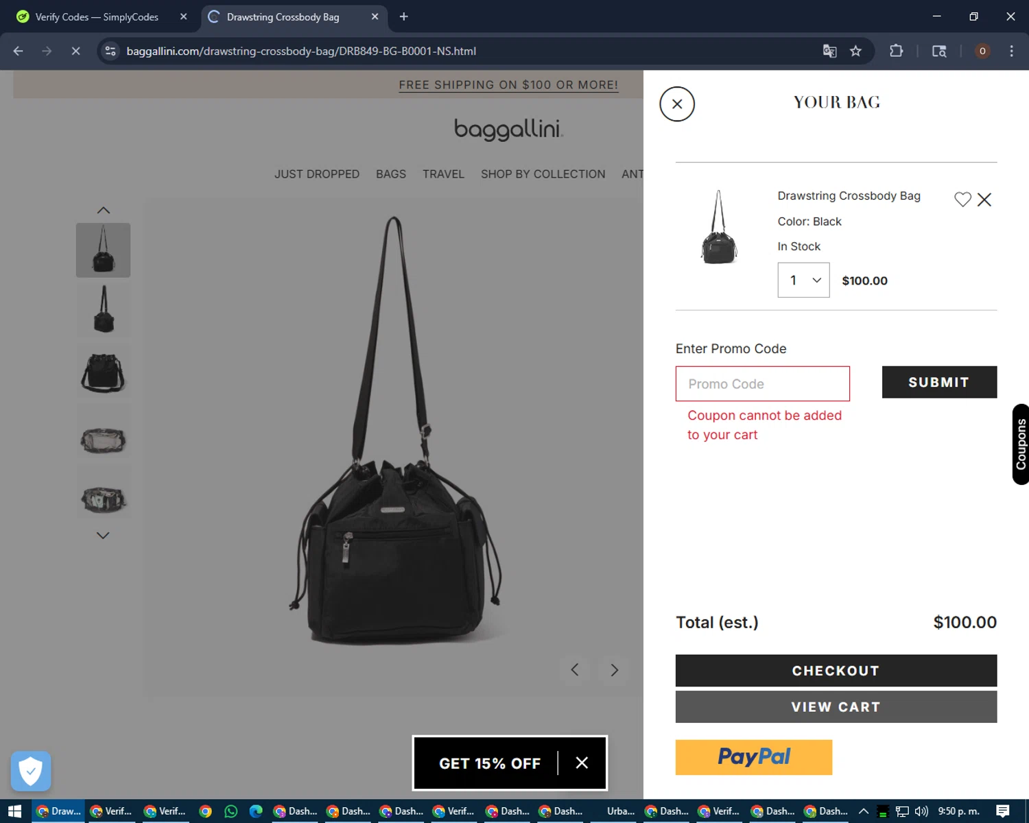 Baggallini promo code screenshot showing code FREESHIP applied at Baggallini checkout page. Uploaded by SimplyCodes community member LegendaryAdmiral8649 on Aug 5, 2025