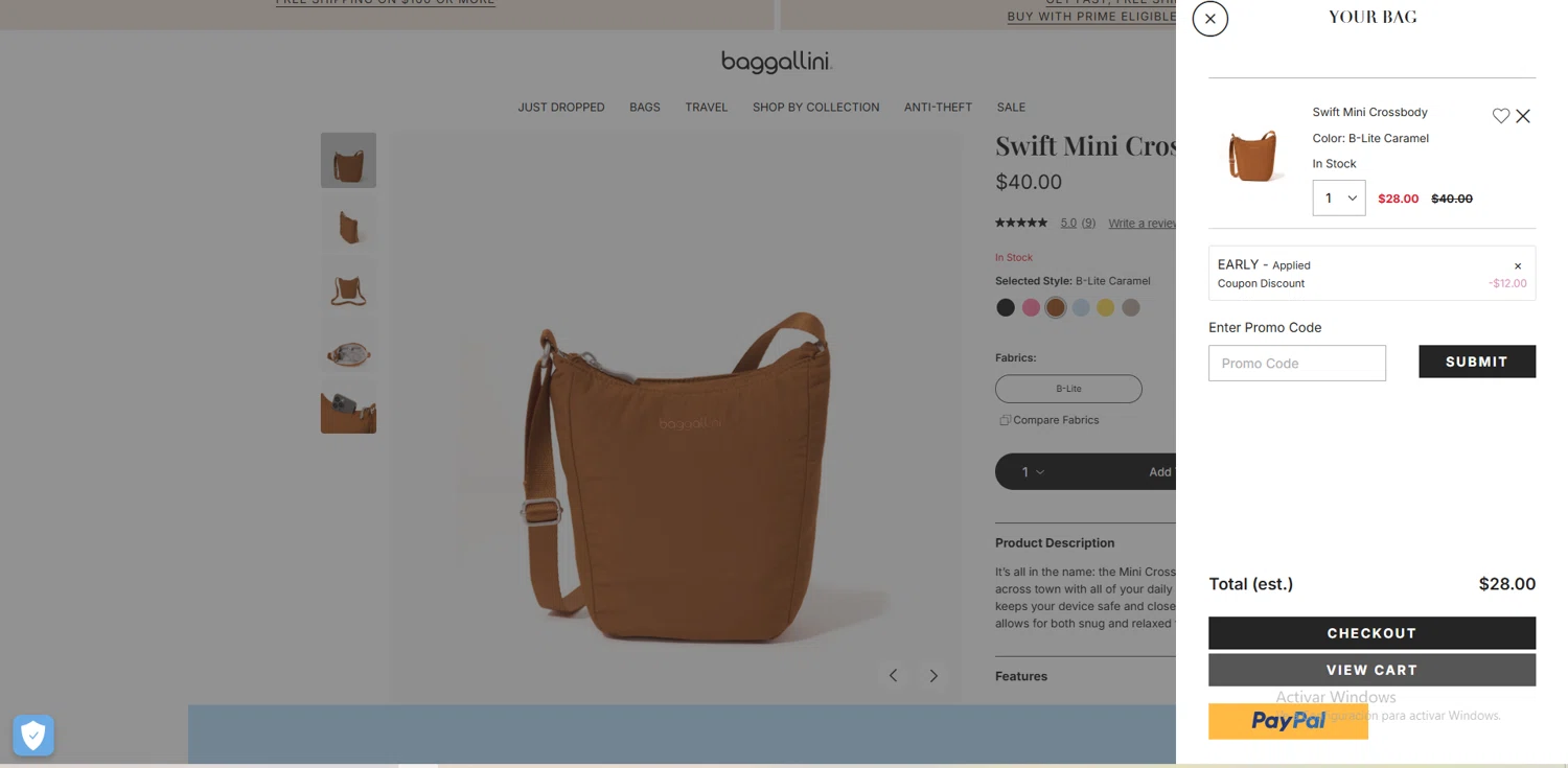 Baggallini promo code screenshot showing code early applied at Baggallini checkout page. Uploaded by SimplyCodes community member ShieldTitan9442 on Aug 27, 2025
