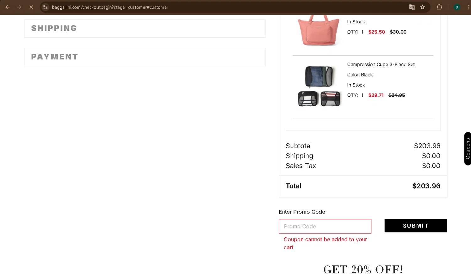 Baggallini promo code screenshot showing code early applied at Baggallini checkout page. Uploaded by SimplyCodes community member drevin007 on Jun 3, 2025