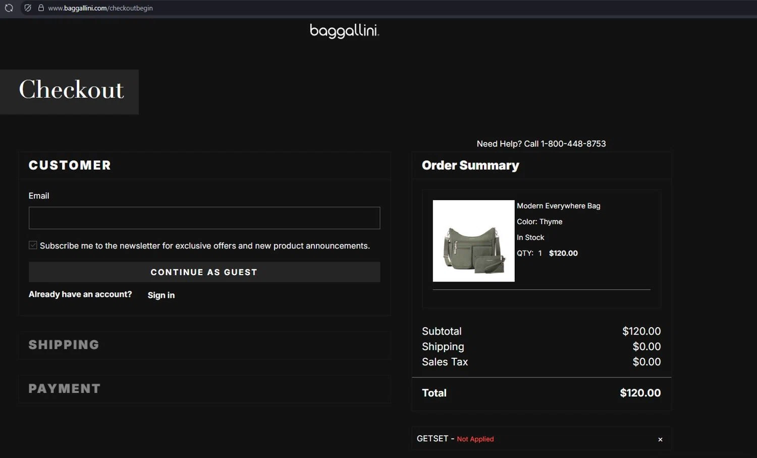 Baggallini promo code screenshot showing code getset applied at Baggallini checkout page. Uploaded by SimplyCodes community member CleverAdmiral2537 on Aug 6, 2025