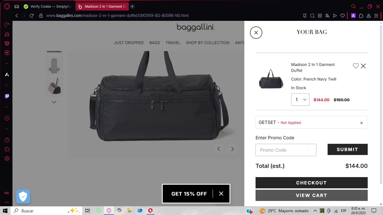 Baggallini promo code screenshot showing code getset applied at Baggallini checkout page. Uploaded by SimplyCodes community member CoinPhoenix3025 on Aug 28, 2025
