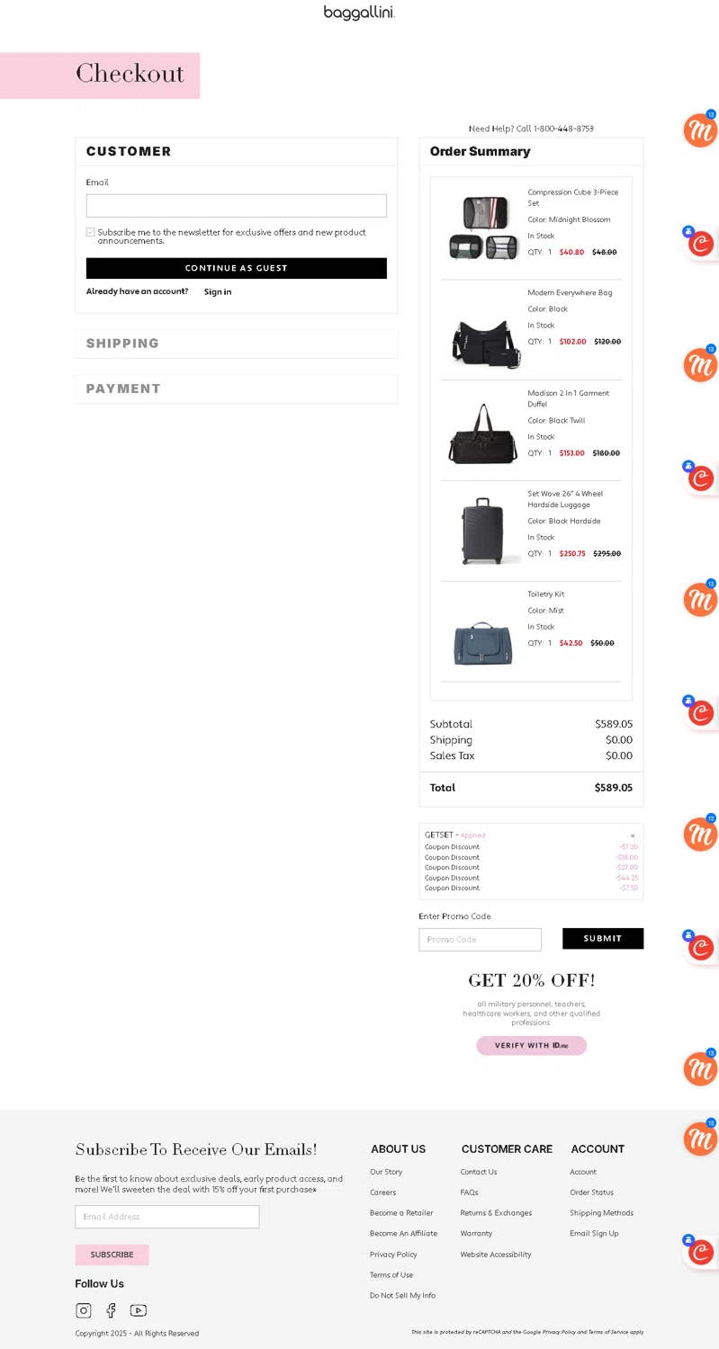 Baggallini promo code screenshot showing code getset applied at Baggallini checkout page. Uploaded by SimplyCodes community member Elcompa on Jul 6, 2025