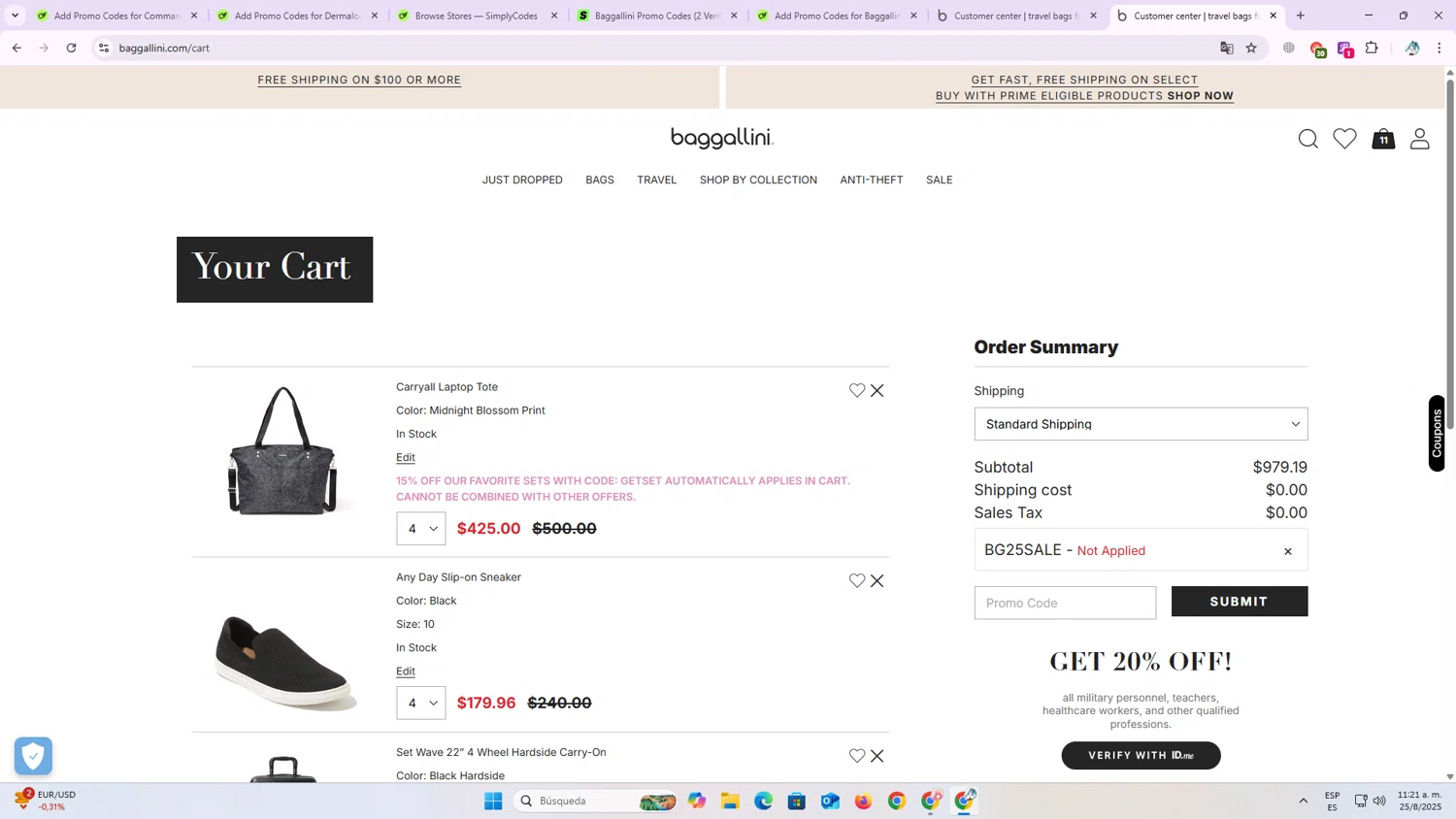 Baggallini promo code screenshot showing code BG25SALE applied at Baggallini checkout page. Uploaded by SimplyCodes community member OriCarol on Aug 25, 2025