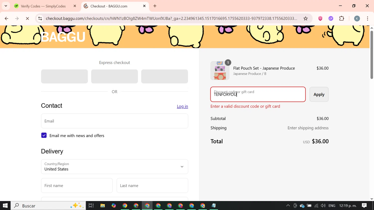 Baggu discount code screenshot showing code TENFORYOU applied at Baggu checkout page. Uploaded by SimplyCodes community member SavingsBoss9912 on Aug 19, 2025