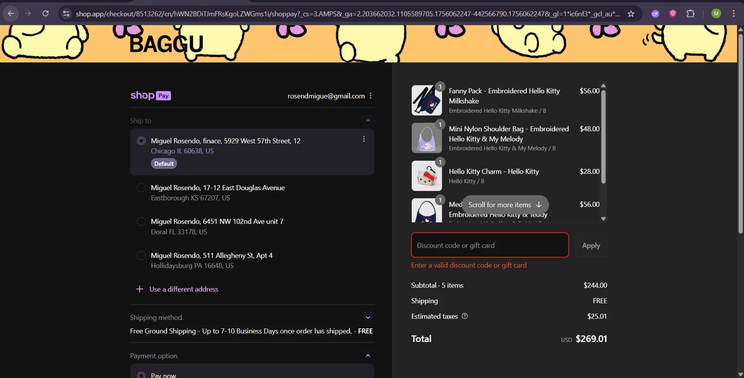 Baggu discount code screenshot showing code TENFORYOU applied at Baggu checkout page. Uploaded by SimplyCodes community member ScanHunter7116 on Aug 24, 2025