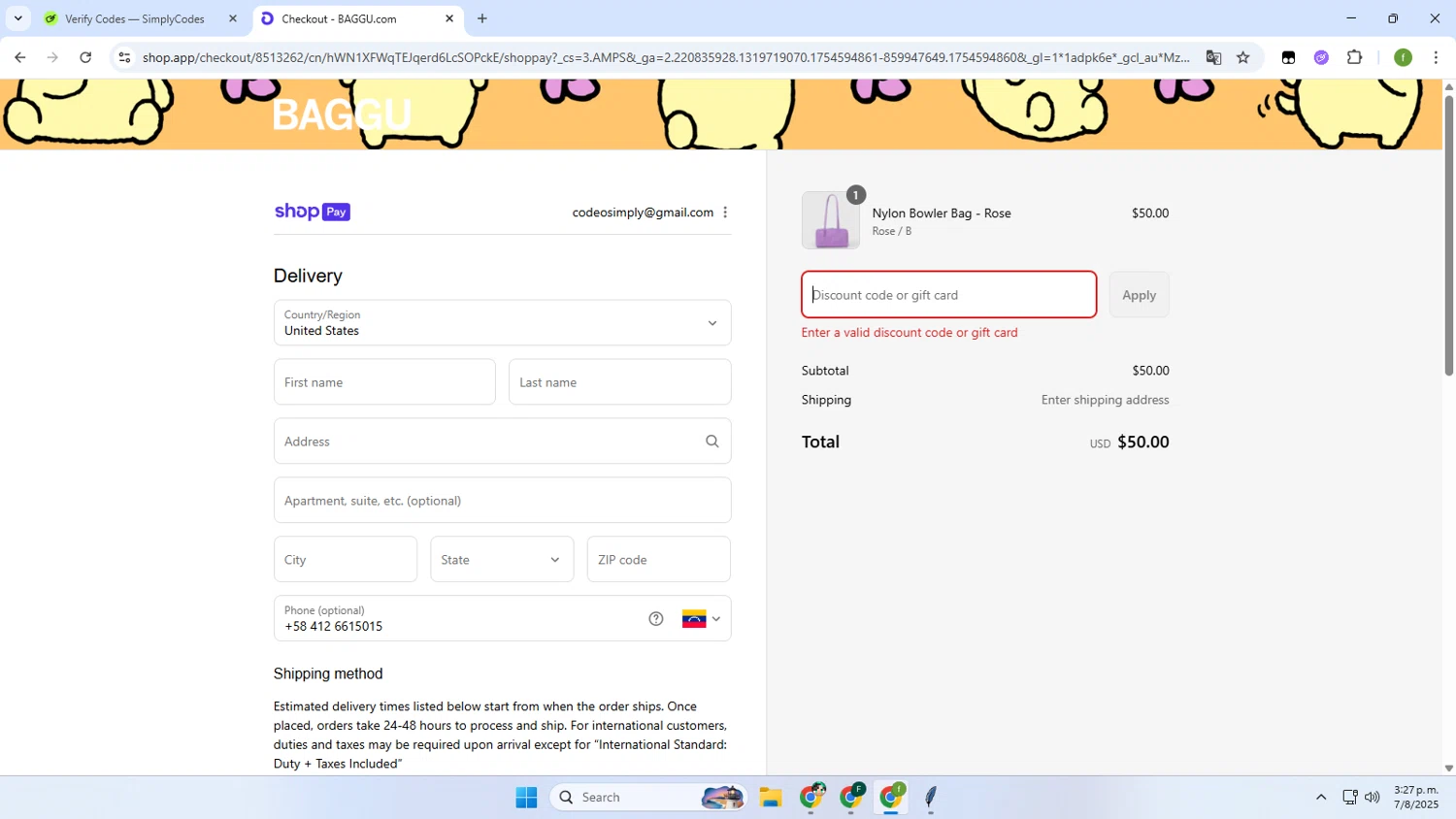 Baggu discount code screenshot showing code VHRVH3QJPDYP applied at Baggu checkout page. Uploaded by SimplyCodes community member Irelia on Aug 7, 2025