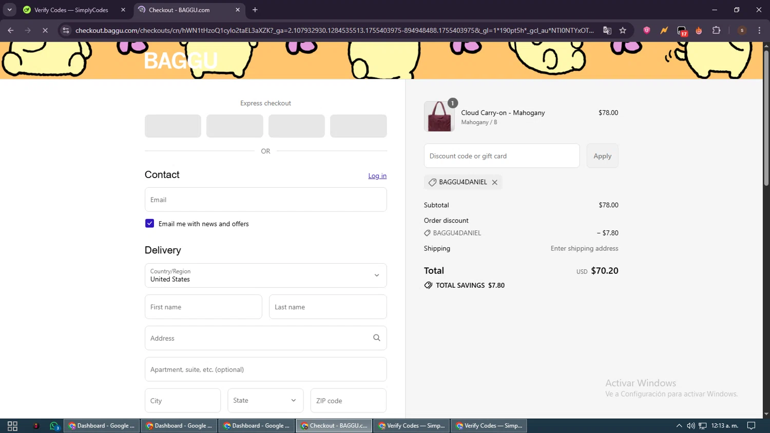 Baggu discount code screenshot showing code BAGGU4DANIEL applied at Baggu checkout page. Uploaded by SimplyCodes community member GoldSentinel1426 on Aug 17, 2025