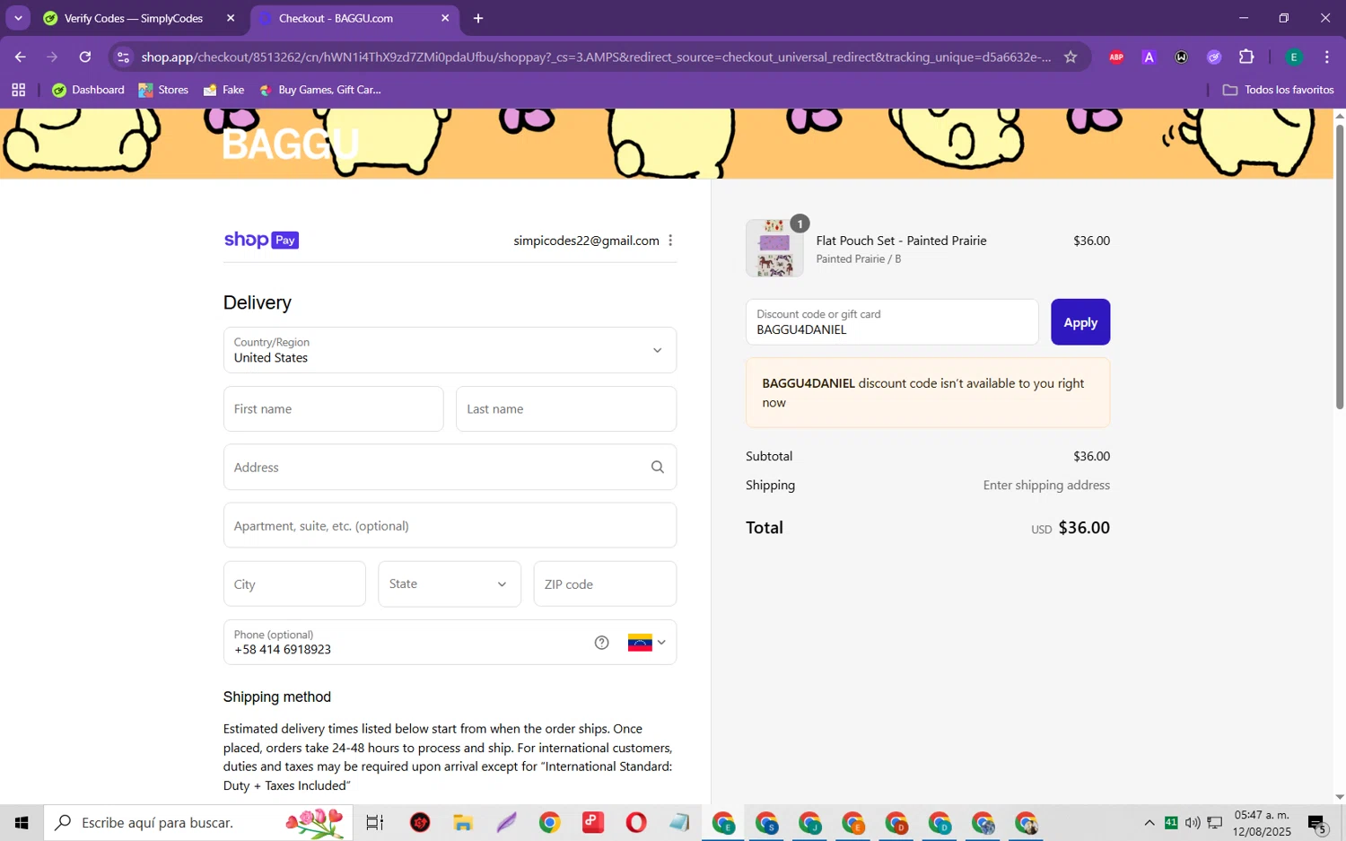 Baggu discount code screenshot showing code BAGGU4DANIEL applied at Baggu checkout page. Uploaded by SimplyCodes community member RebateScholar429 on Aug 12, 2025