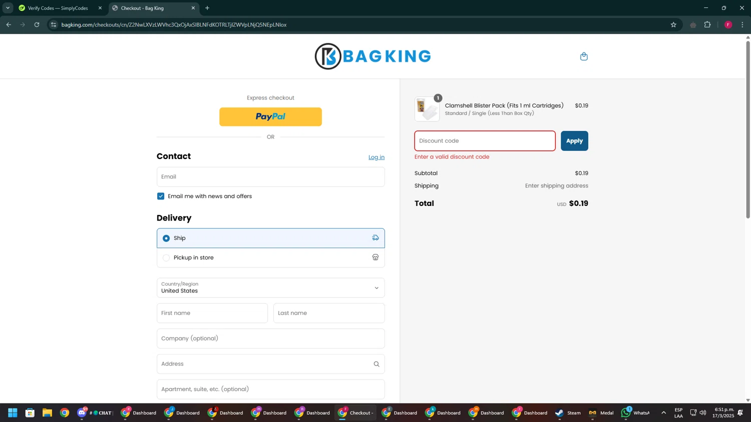 BagKing discount code screenshot showing code BAG101 applied at BagKing checkout page. Uploaded by SimplyCodes community member ExtraordinaryVirtuoso281 on Mar 17, 2025