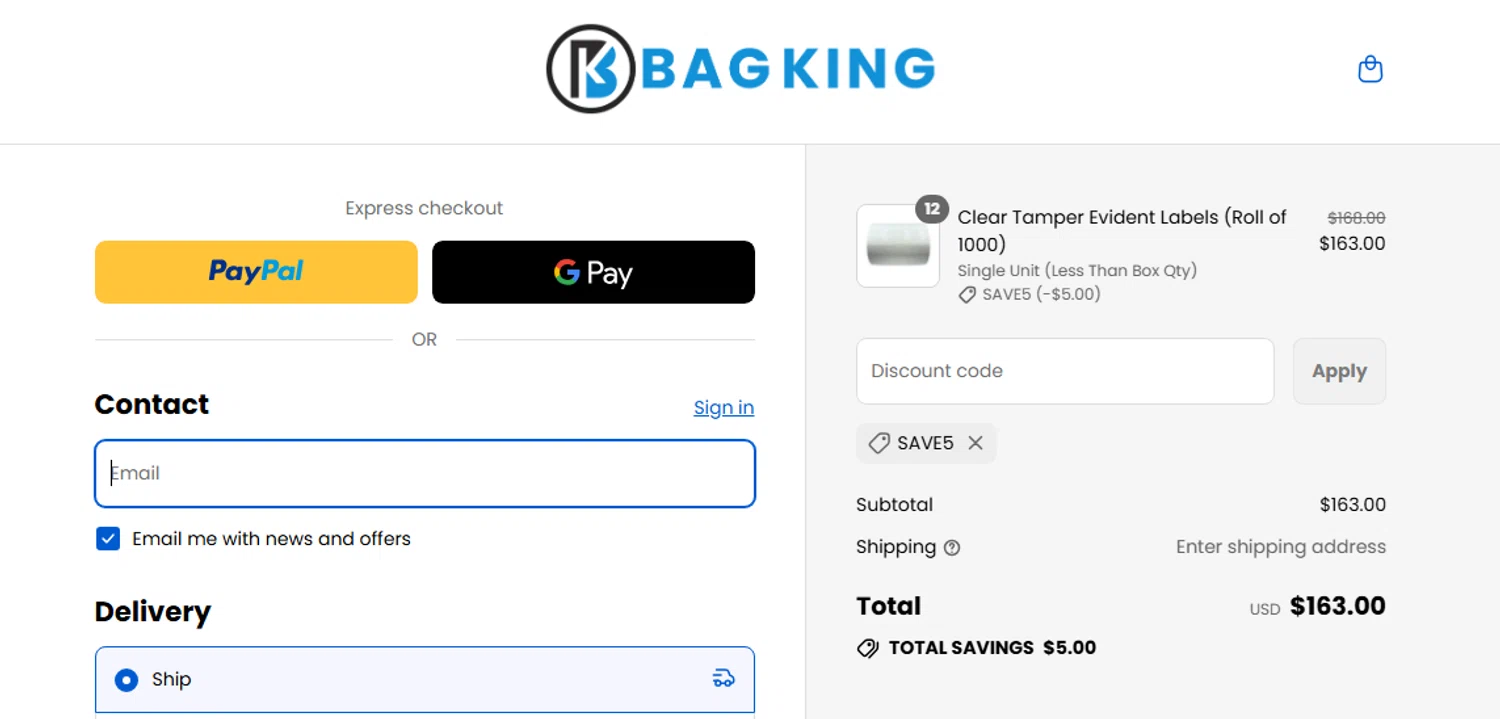 BagKing discount code screenshot showing code SAVE5 applied at BagKing checkout page. Uploaded by SimplyCodes community member Jhonny on Sep 13, 2025