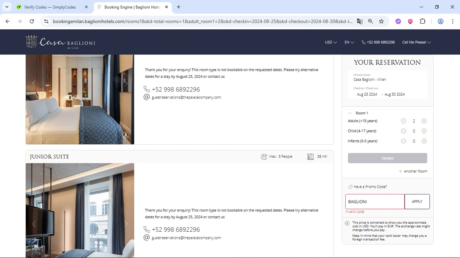 Baglioni Hotels promo code screenshot showing code BAGLIONI applied at Baglioni Hotels checkout page. Uploaded by SimplyCodes community member dolce_codmax213 on Nov 6, 2025