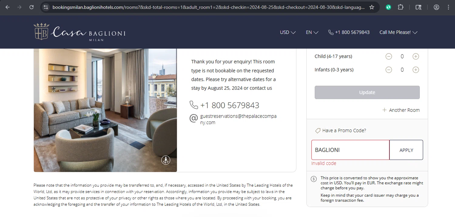 Baglioni Hotels promo code screenshot showing code BAGLIONI applied at Baglioni Hotels checkout page. Uploaded by SimplyCodes community member xaswqe on Oct 31, 2025