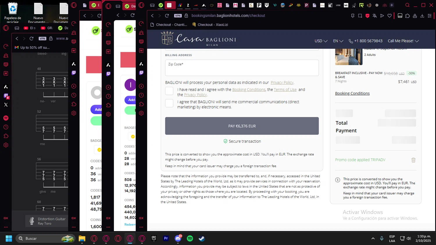 Baglioni Hotels promo code screenshot showing code TRIPADV applied at Baglioni Hotels checkout page. Uploaded by SimplyCodes community member Halanweik on Oct 2, 2025