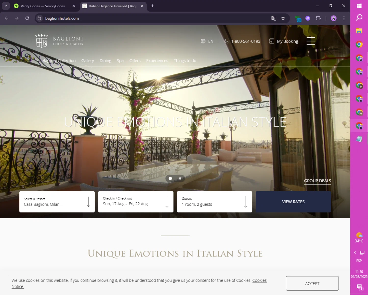 Baglioni Hotels promo code screenshot showing code TRIPADV applied at Baglioni Hotels checkout page. Uploaded by SimplyCodes community member SmartLion1183 on Aug 5, 2025