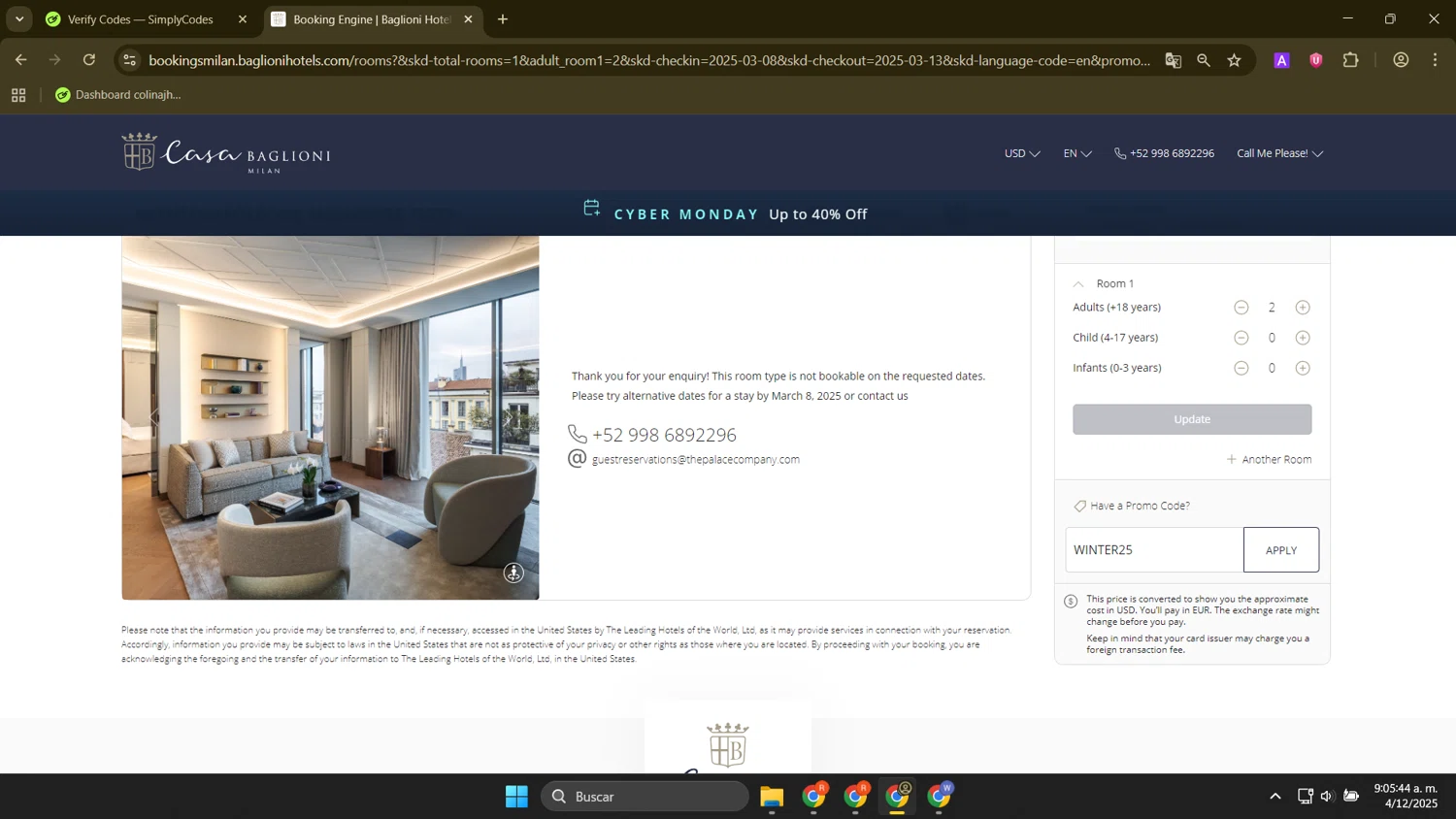 Baglioni Hotels promo code screenshot showing code WINTER25 applied at Baglioni Hotels checkout page. Uploaded by SimplyCodes community member FortunateElite9977 on Dec 4, 2025