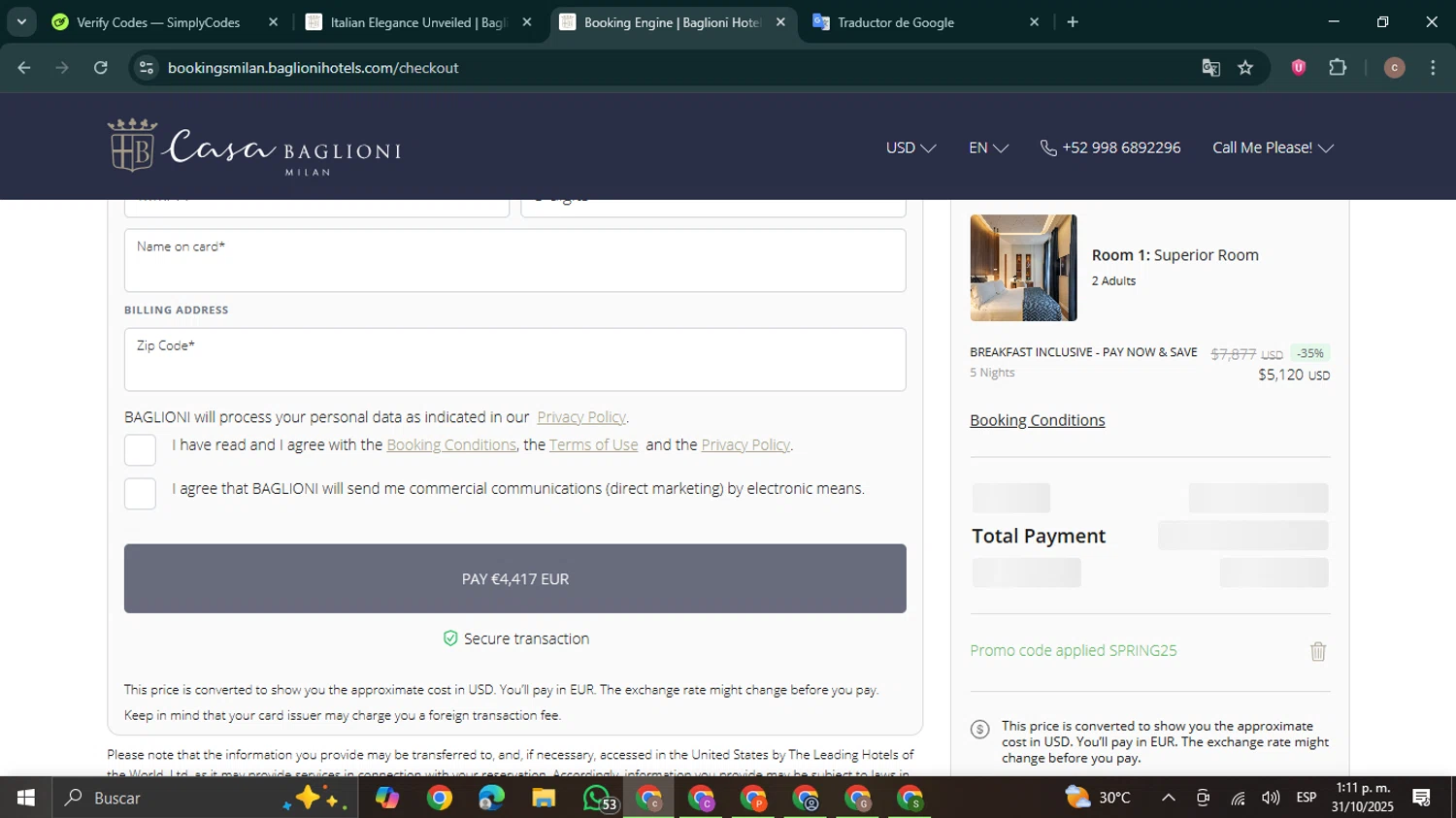 Baglioni Hotels promo code screenshot showing code SPRING25 applied at Baglioni Hotels checkout page. Uploaded by SimplyCodes community member NobleExpert6497 on Oct 31, 2025