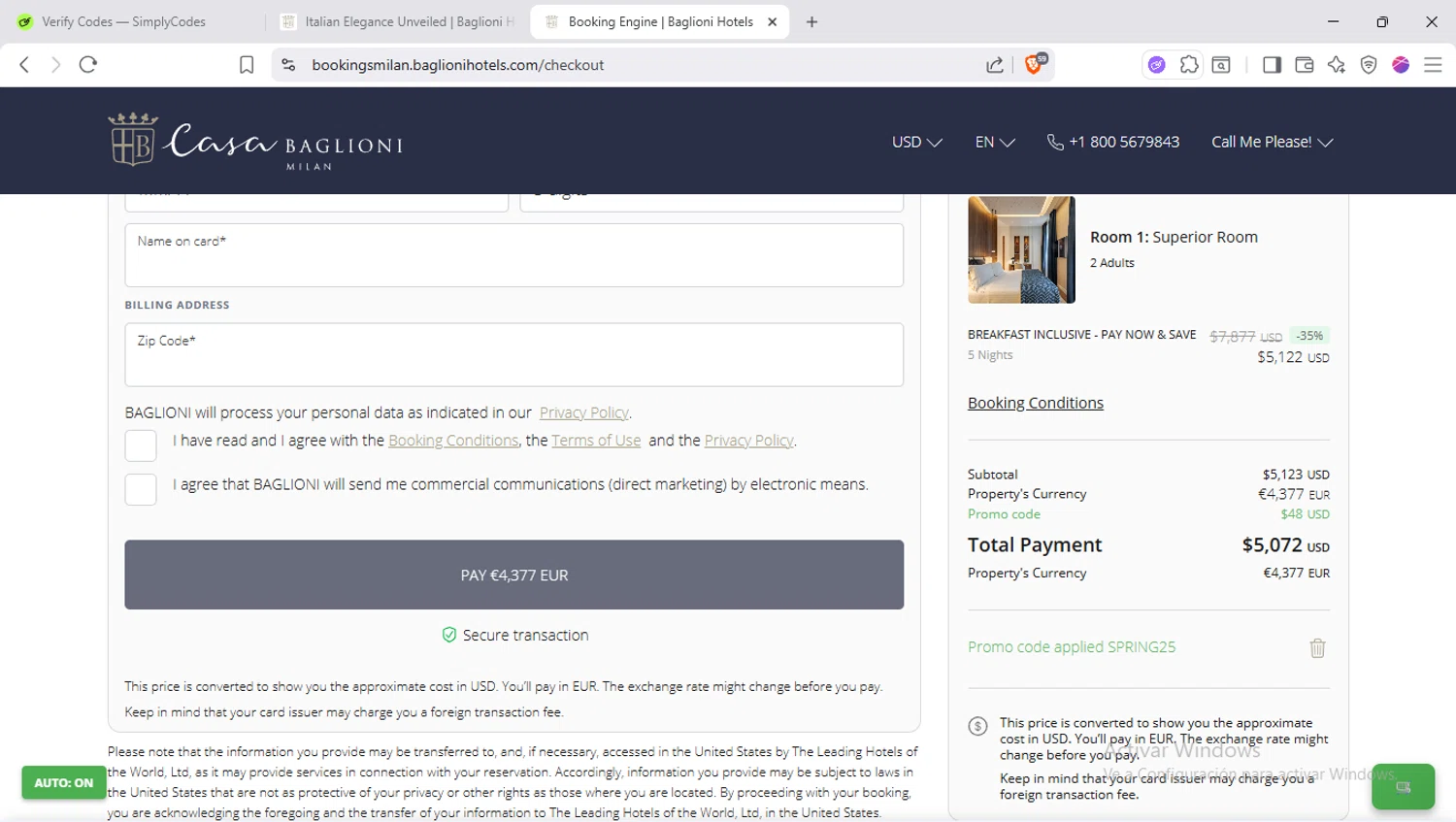 Baglioni Hotels promo code screenshot showing code SPRING25 applied at Baglioni Hotels checkout page. Uploaded by SimplyCodes community member SapeGato on Oct 31, 2025
