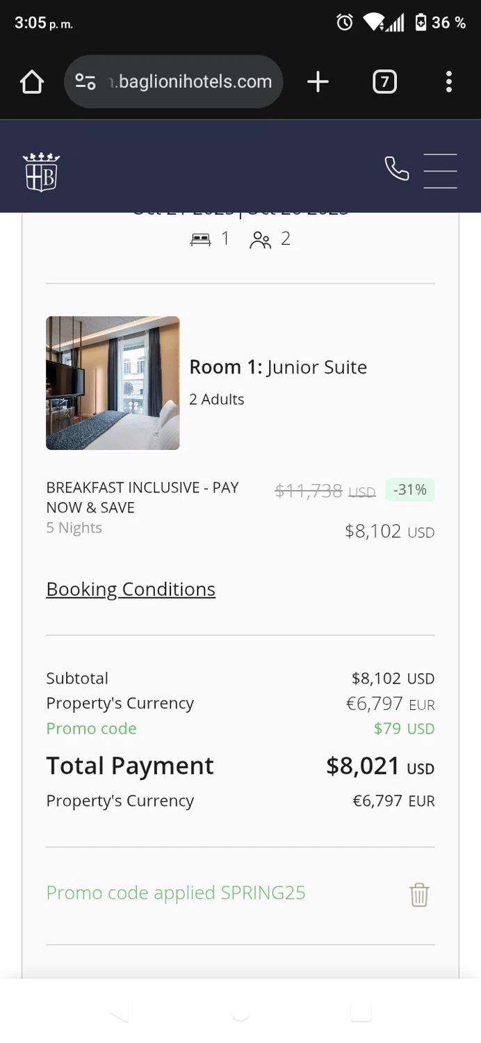 Baglioni Hotels checkout page showing Baglioni Hotels promo code box | Screenshot taken by SimplyCodes community member on Oct 2, 2025