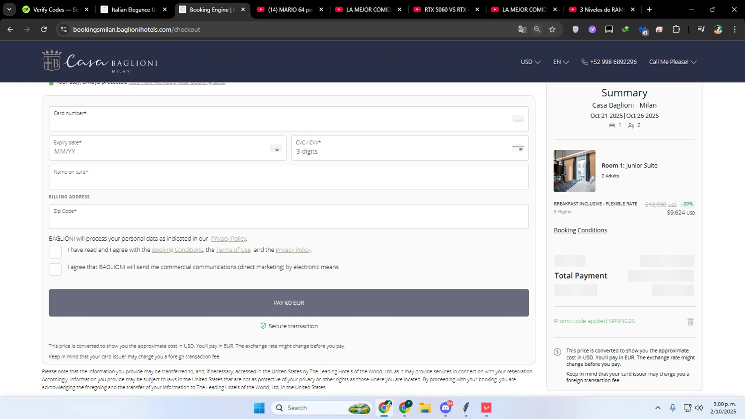 Baglioni Hotels checkout page showing Baglioni Hotels promo code box | Screenshot taken by SimplyCodes community member on Oct 2, 2025
