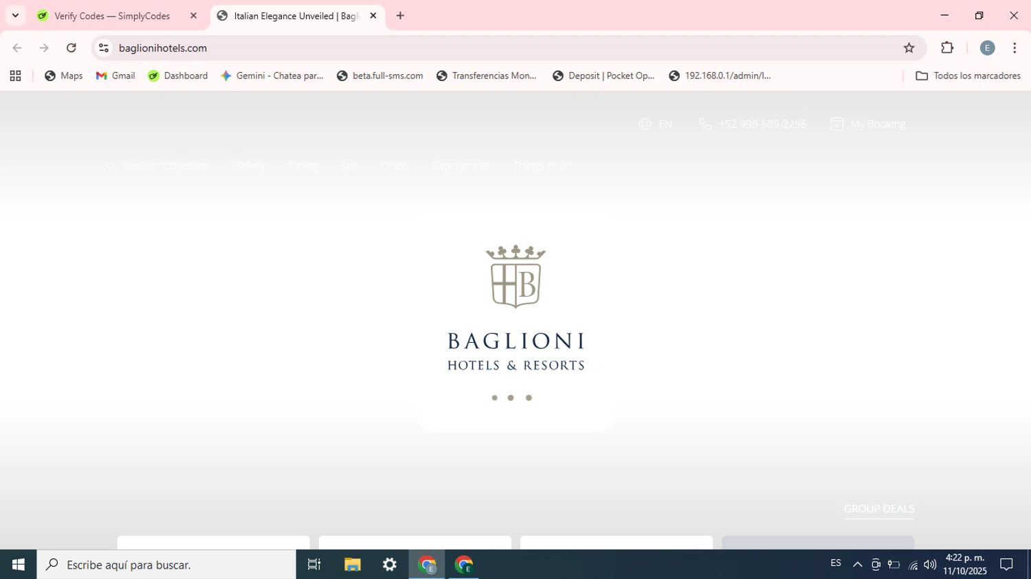 Baglioni Hotels promo code screenshot showing code METASEARCH applied at Baglioni Hotels checkout page. Uploaded by SimplyCodes community member Esteban on Oct 11, 2025