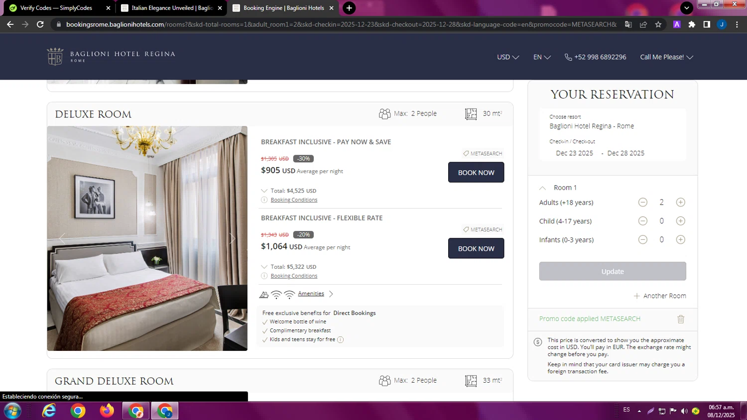 Baglioni Hotels promo code screenshot showing code METASEARCH applied at Baglioni Hotels checkout page. Uploaded by SimplyCodes community member ExtraordinaryPhoenix9295 on Dec 8, 2025