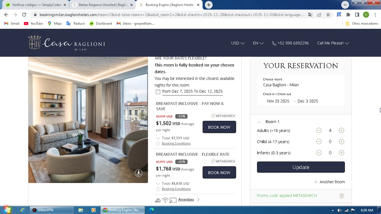 Baglioni Hotels promo code screenshot showing code METASEARCH applied at Baglioni Hotels checkout page. Uploaded by SimplyCodes community member MagnificentPilot8371 on Nov 9, 2025