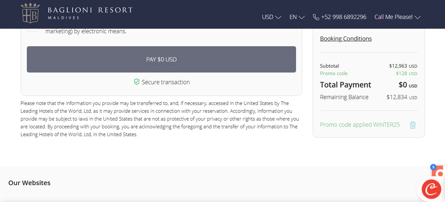 Baglioni Hotels promo code screenshot showing code WINTER25 applied at Baglioni Hotels checkout page. Uploaded by SimplyCodes community member ESTHER3121 on Dec 6, 2025