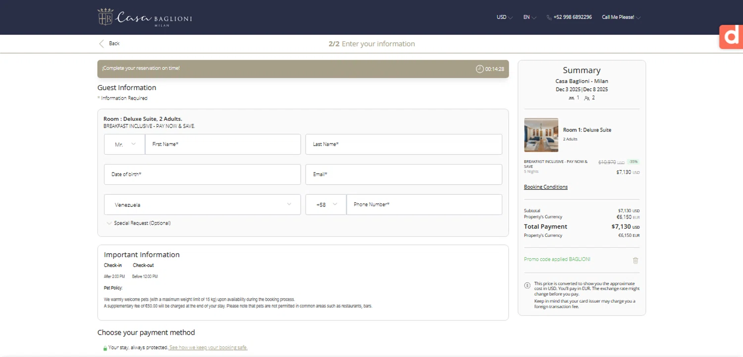 Baglioni Hotels promo code screenshot showing code BAGLIONI applied at Baglioni Hotels checkout page. Uploaded by SimplyCodes community member ESTHER3121 on Oct 31, 2025