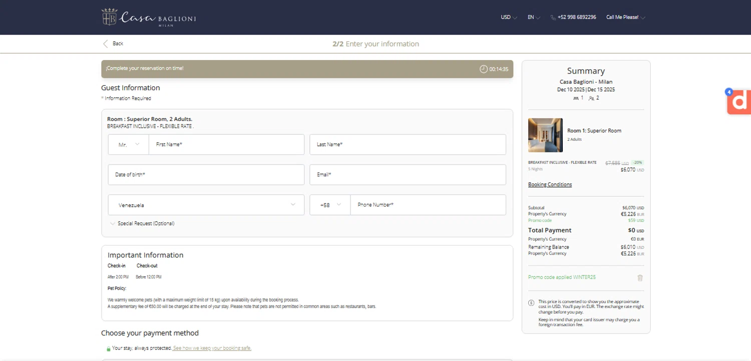Baglioni Hotels promo code screenshot showing code WINTER25 applied at Baglioni Hotels checkout page. Uploaded by SimplyCodes community member ESTHER3121 on Nov 5, 2025