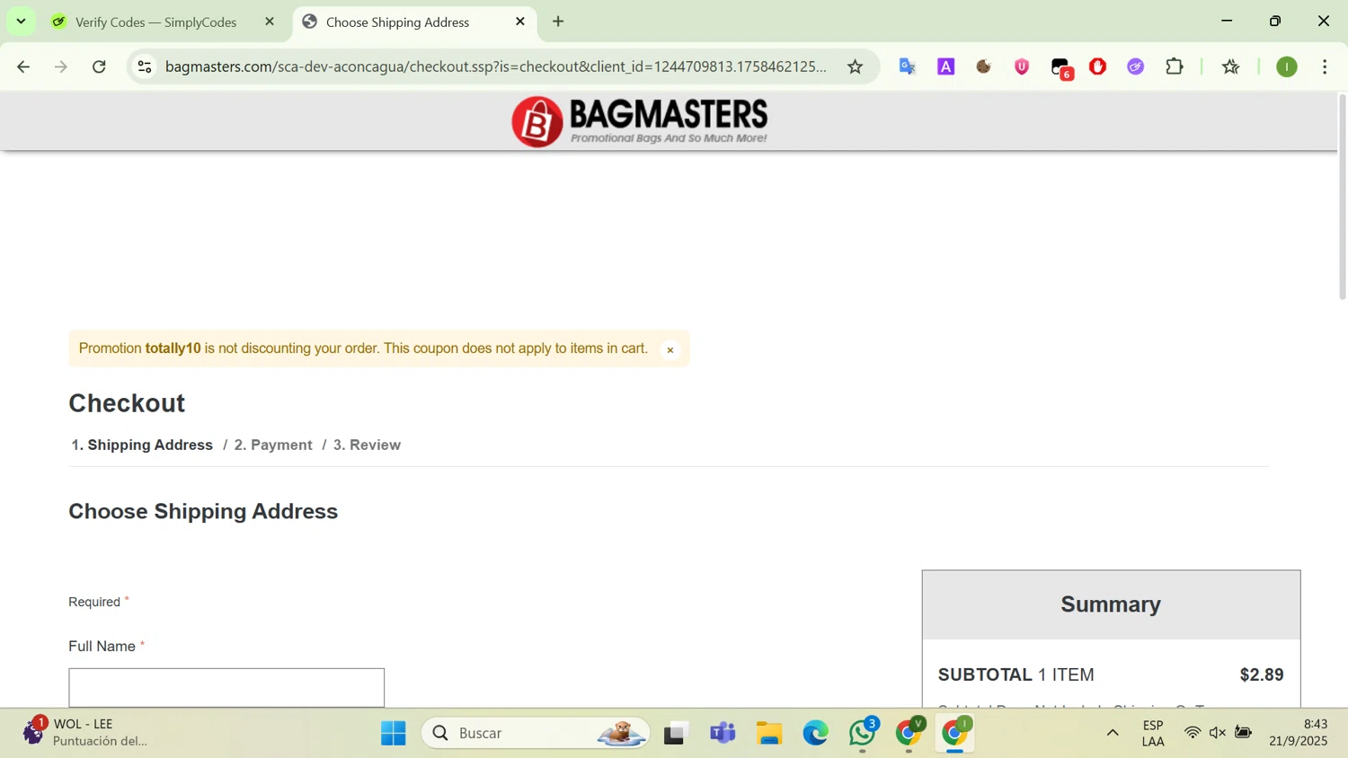 Bagmasters promo code screenshot showing code TOTALLY10 applied at Bagmasters checkout page. Uploaded by SimplyCodes community member WonderHunter255 on Sep 21, 2025