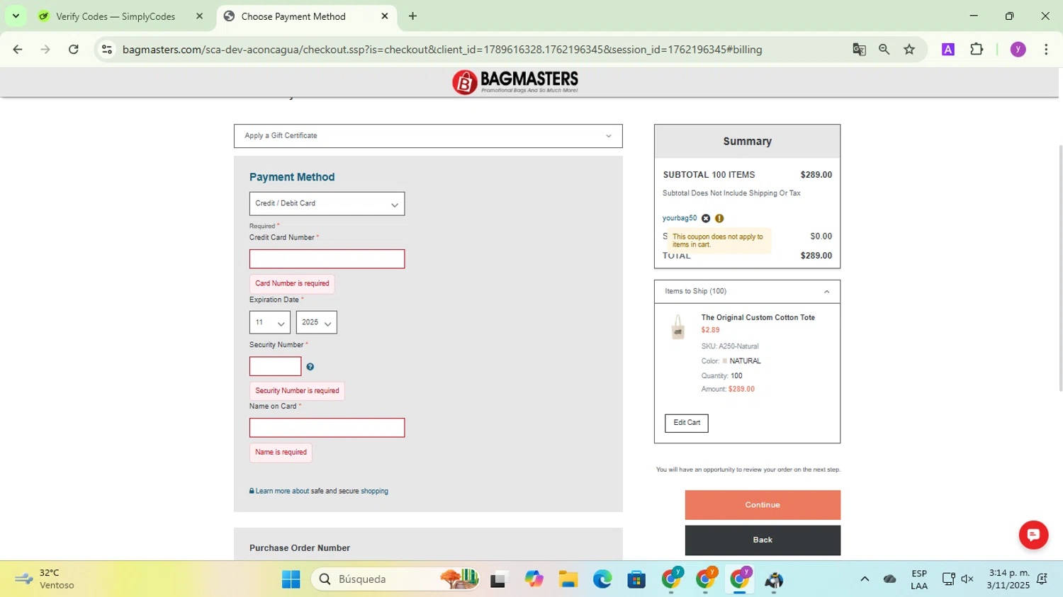 Bagmasters promo code screenshot showing code yourbag50 applied at Bagmasters checkout page. Uploaded by SimplyCodes community member yadicg054 on Nov 3, 2025