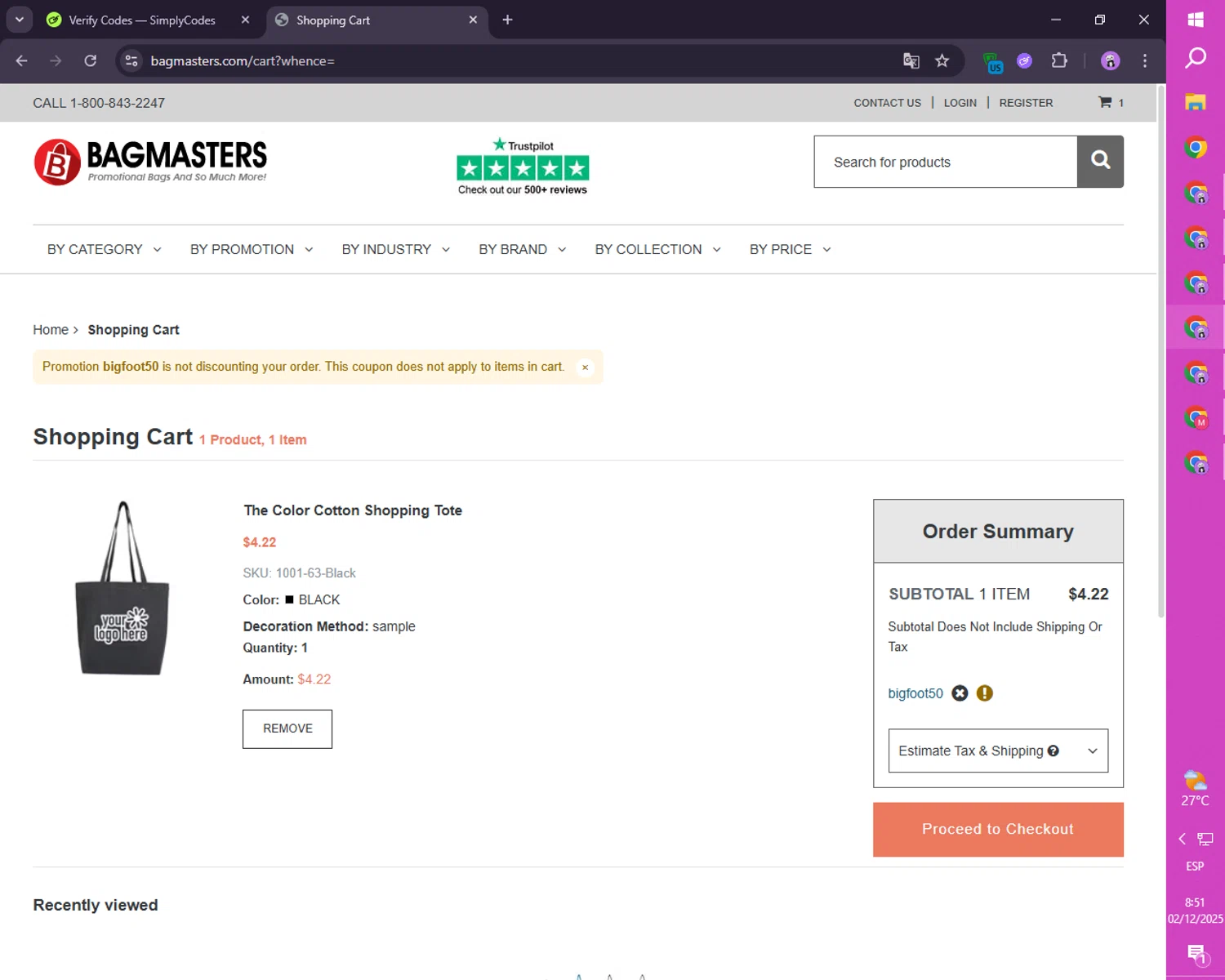 Bagmasters promo code screenshot showing code BIGFOOT50 applied at Bagmasters checkout page. Uploaded by SimplyCodes community member FortunateScholar4524 on Dec 2, 2025