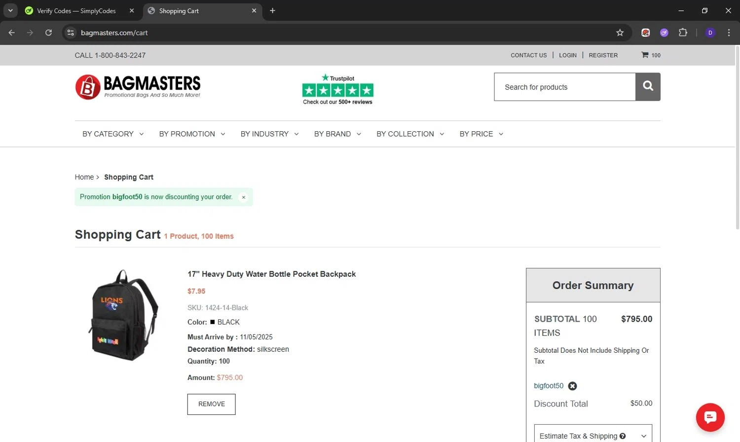 Bagmasters promo code screenshot showing code BIGFOOT50 applied at Bagmasters checkout page. Uploaded by SimplyCodes community member Obito6245825041527 on Nov 3, 2025