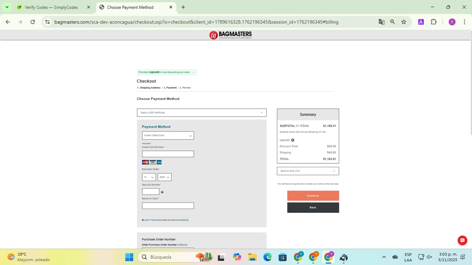 Bagmasters promo code screenshot showing code BIGFOOT50 applied at Bagmasters checkout page. Uploaded by SimplyCodes community member yadicg054 on Nov 3, 2025