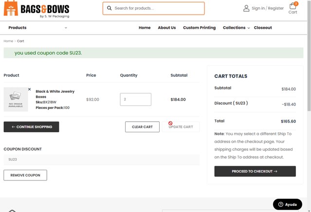Bags & Bows checkout page showing Bags & Bows coupon code box | Screenshot taken by SimplyCodes community member on Mar 21, 2025
